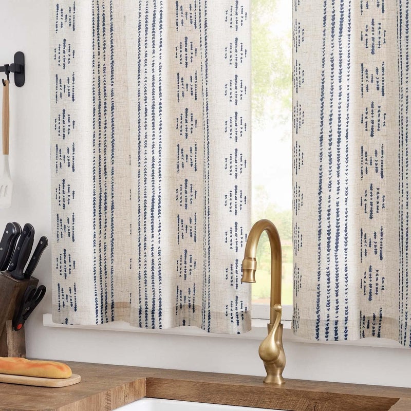 jinchan Boho Stripe Kitchen Curtains and Valance Set Linen Tier Curtains Bohemian Small Window Drapes 36 Inch for Cafe Living Room Bathroom Window Treatments Rod Pocket 3 Pieces Set Blue on Beige - Image 3